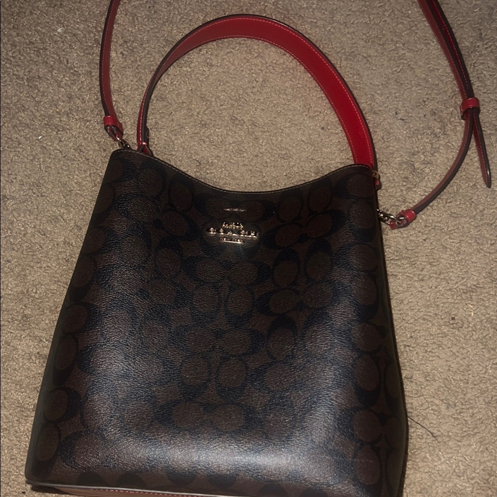 Coach Brown and Red Shoulder Bag with Monogram Print